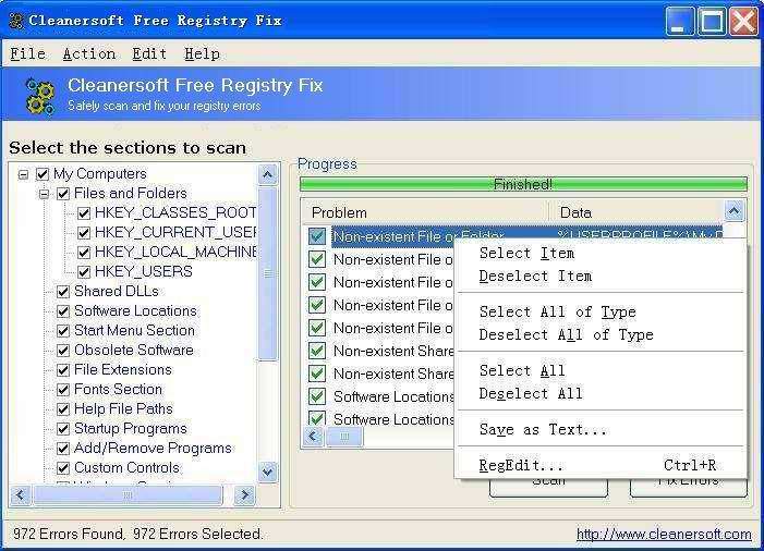 Cleanersoft Free Registry Fix screen shot